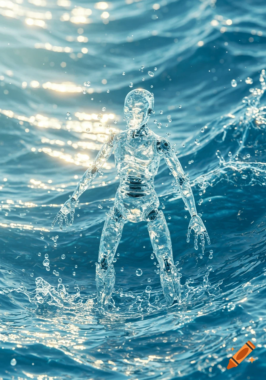 A translucent, humanoid robot made of water stands in a turbulent ocean with sunlit waves, water splashing around it.