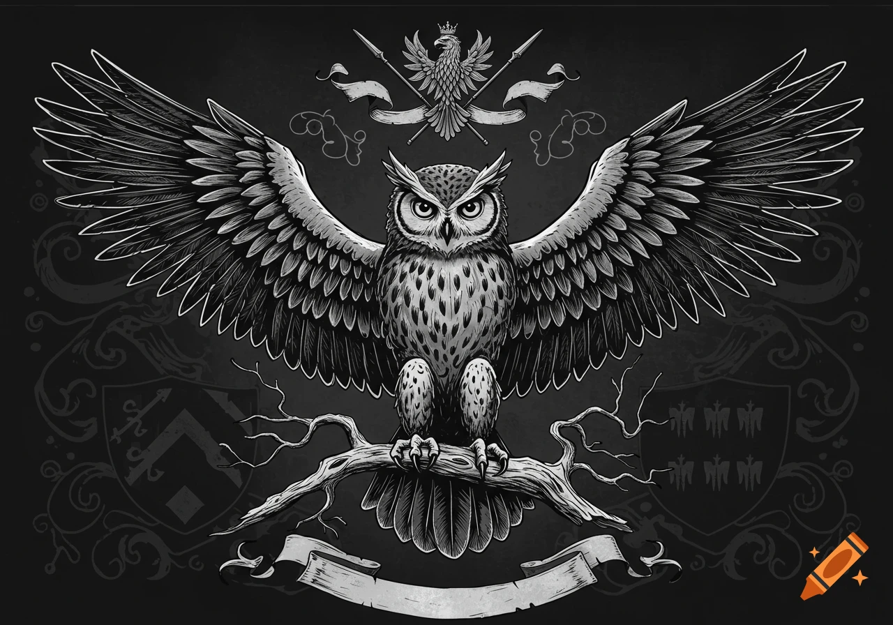 Black and white heraldic illustration of an eagle owl with spread wings on a branch, featuring an eagle crest and shields.