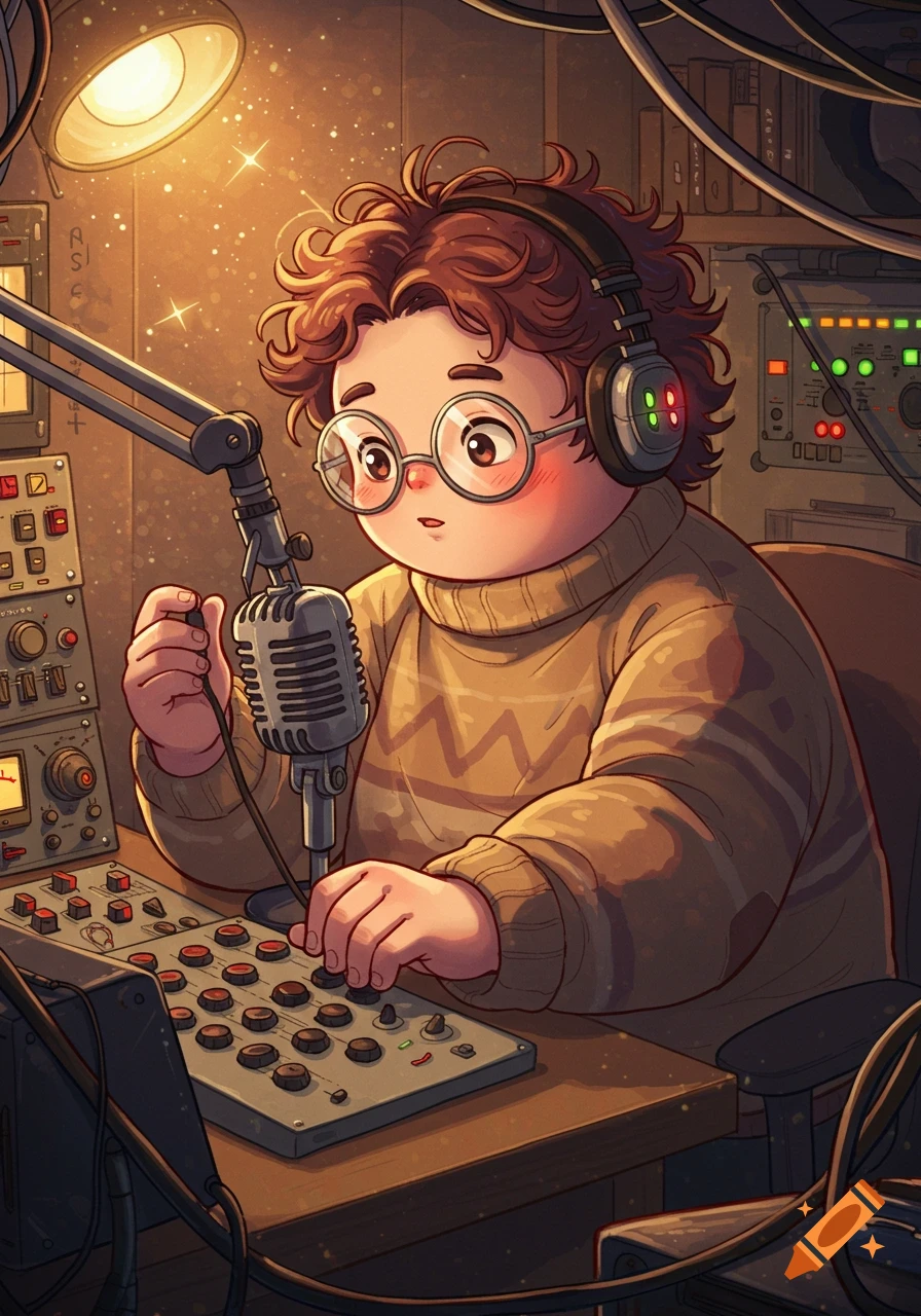 A cute anime radio engineer with brown curly hair, glasses, and headphones sits at a desk operating broadcasting equipment.