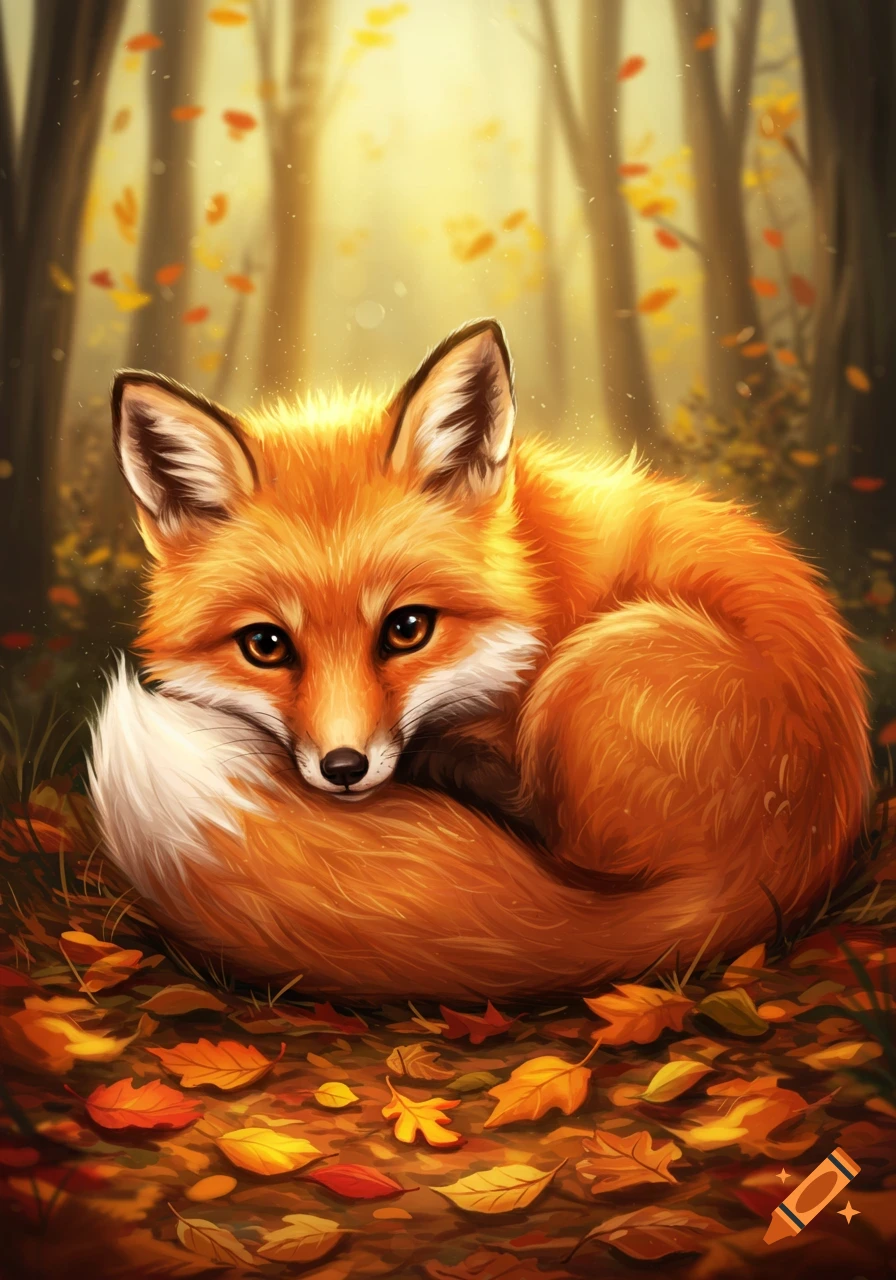A cute, fluffy orange fox curled up among autumn leaves in a sunlit forest.