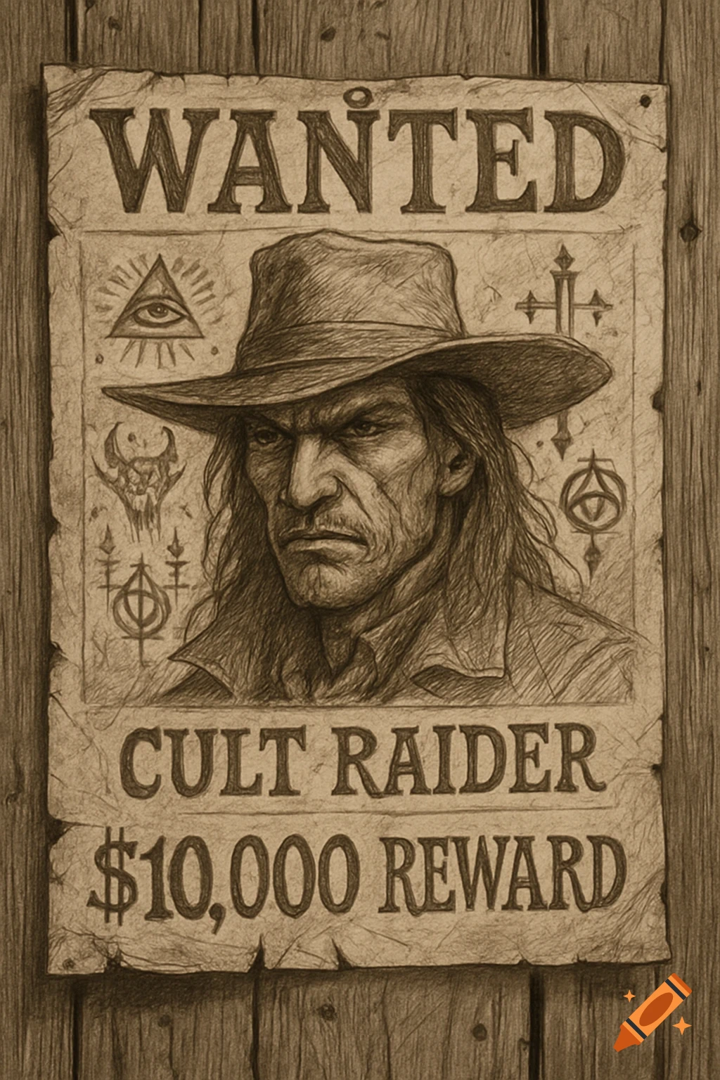 Pencil sketch of a grim-faced man in a cowboy hat on a wanted poster, labeled 'CULT RAIDER $10,000 REWARD', with esoteric symbols.