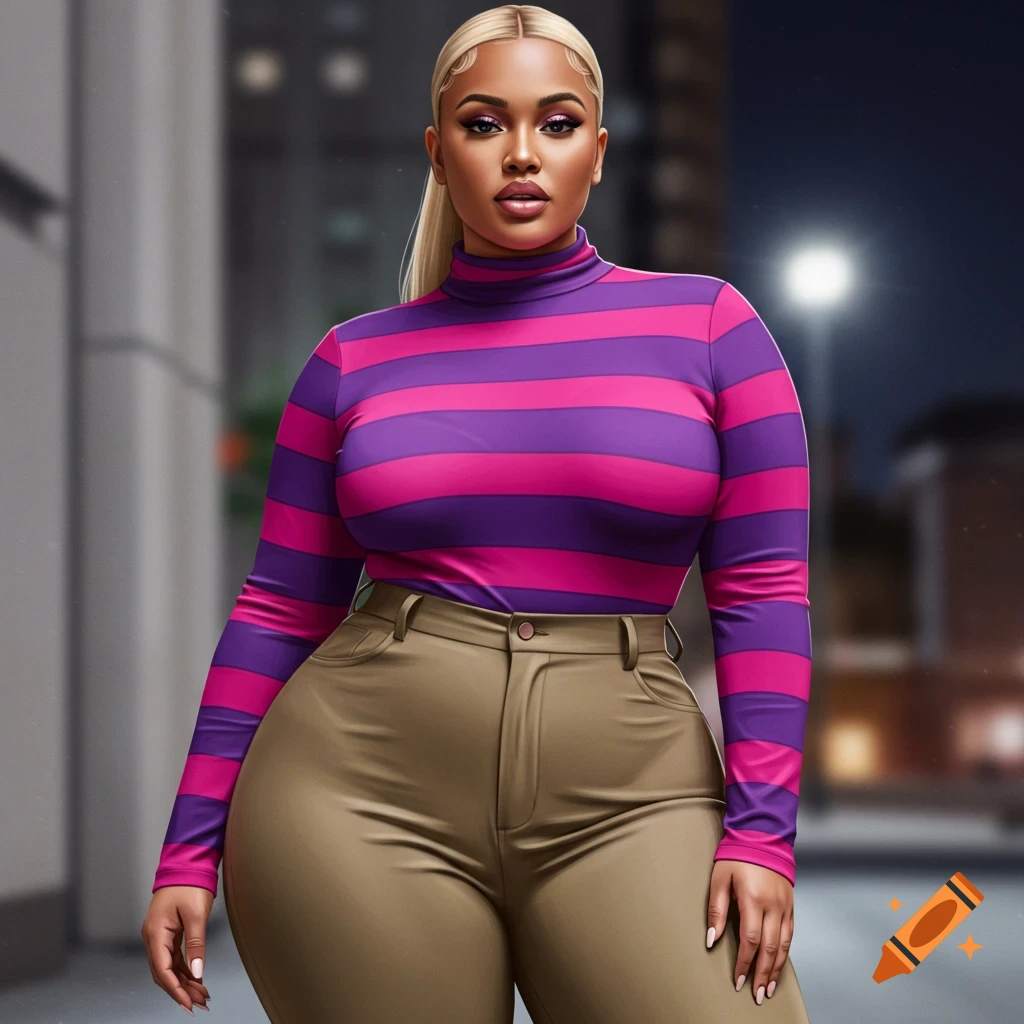 Photorealistic portrait of a plus-sized woman with blonde hair, wearing a pink and purple striped turtleneck and khaki pants, outdoors at night.