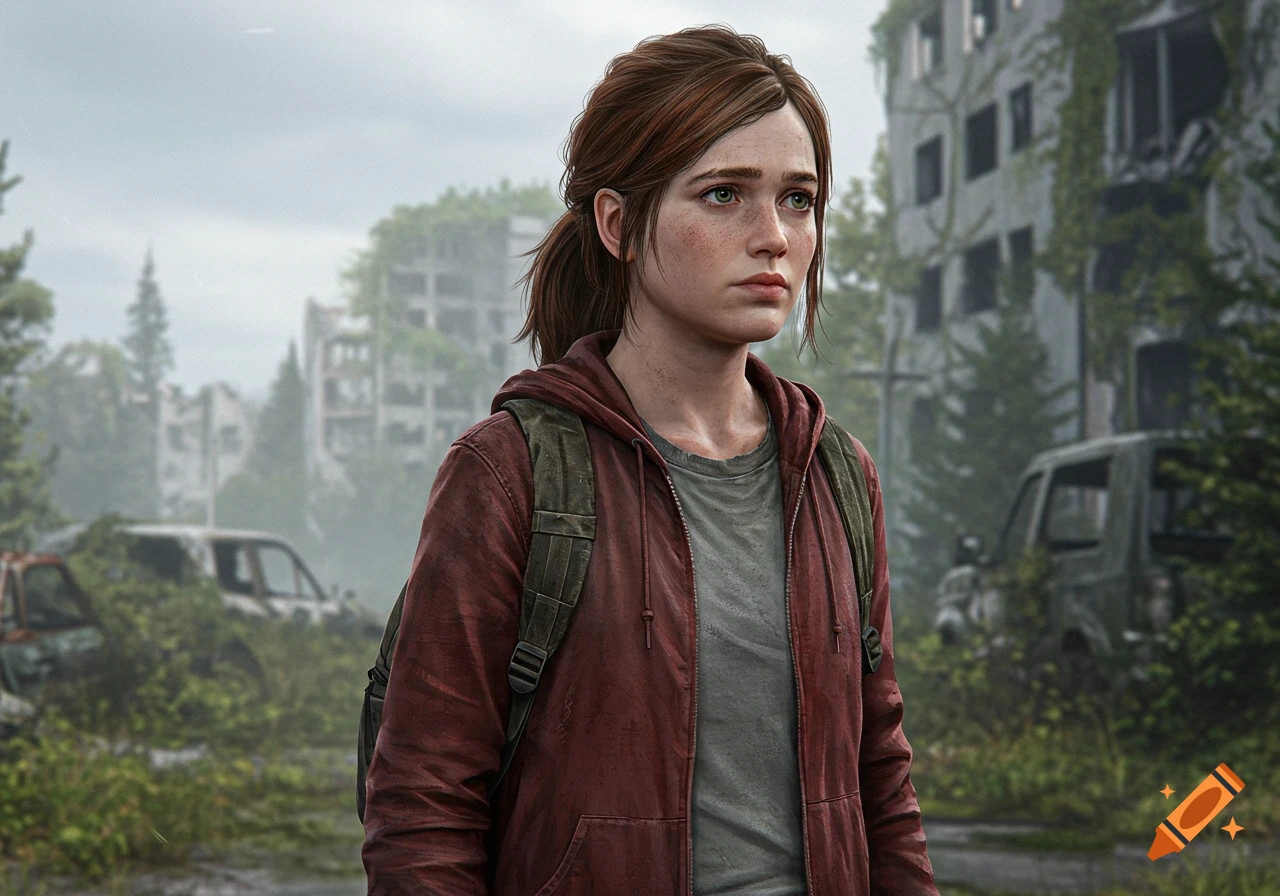 Ellie from The Last of Us, wearing a red hoodie and backpack, stands in overgrown post-apocalyptic city ruins.