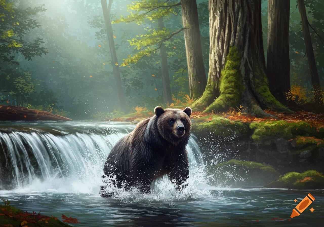 A brown bear splashes through a shallow waterfall in a lush, sunlit forest, with tall trees and moss-covered rocks.