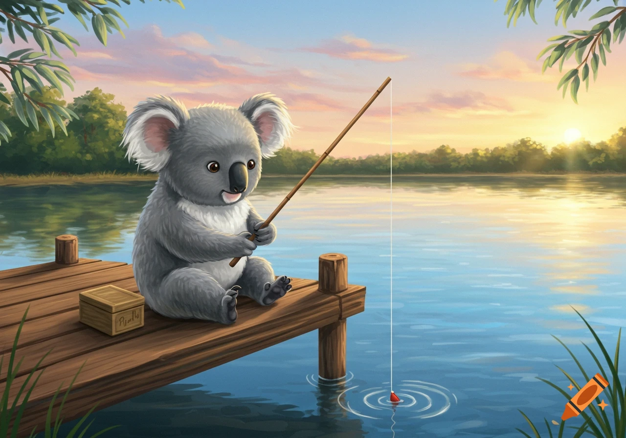 A cute cartoon koala bear sits on a wooden dock, holding a fishing rod in a calm lake at sunset.