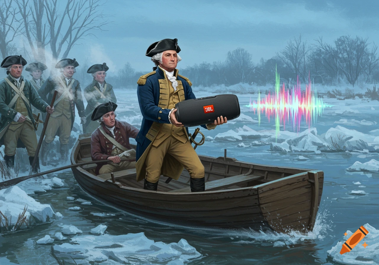 George Washington in a boat with soldiers crossing a frozen river, holding a modern JBL speaker emitting colorful sound waves.