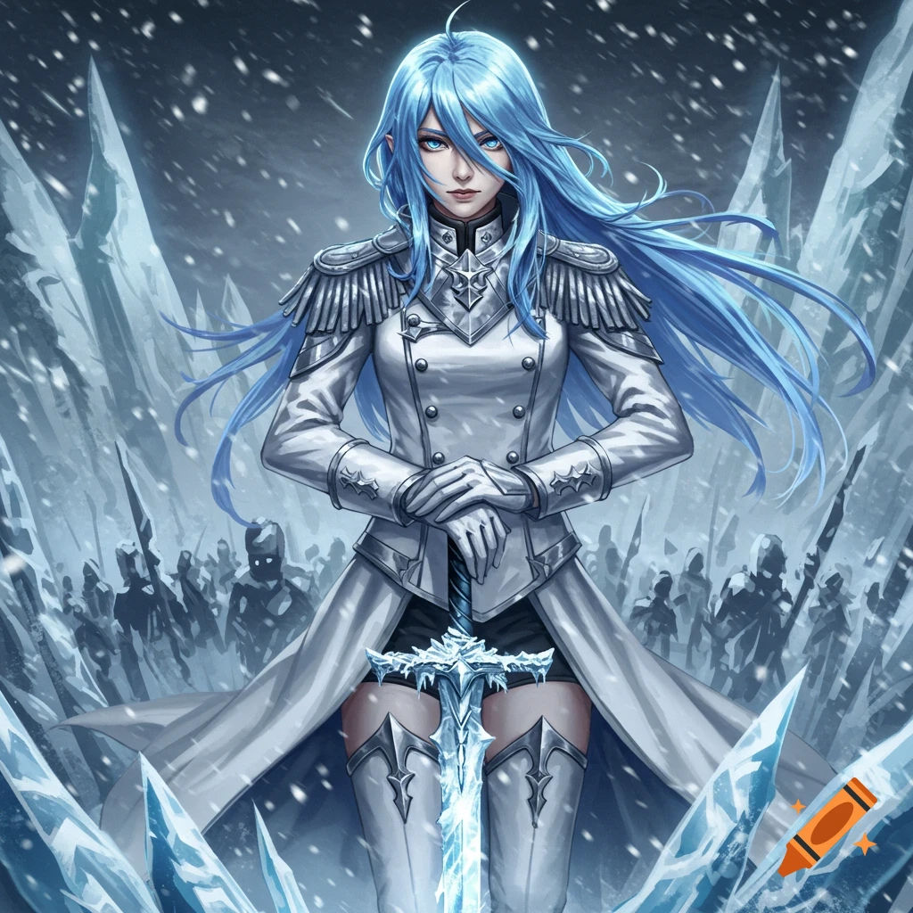 Anime ice queen with blue hair in white uniform, holding a glowing sword amidst a snowy army.