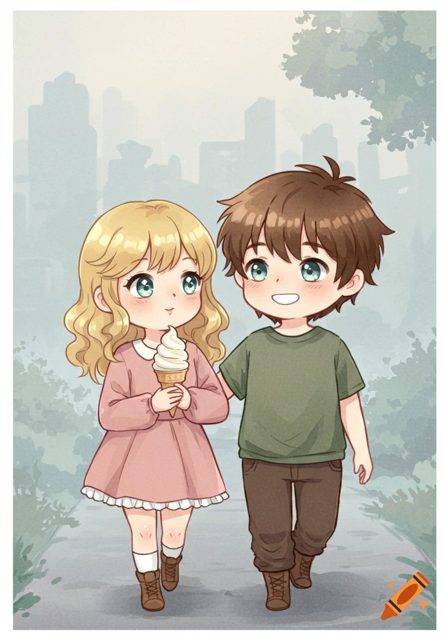 Chibi anime illustration of a blonde girl with ice cream and a brown-haired boy walking in a foggy city park.