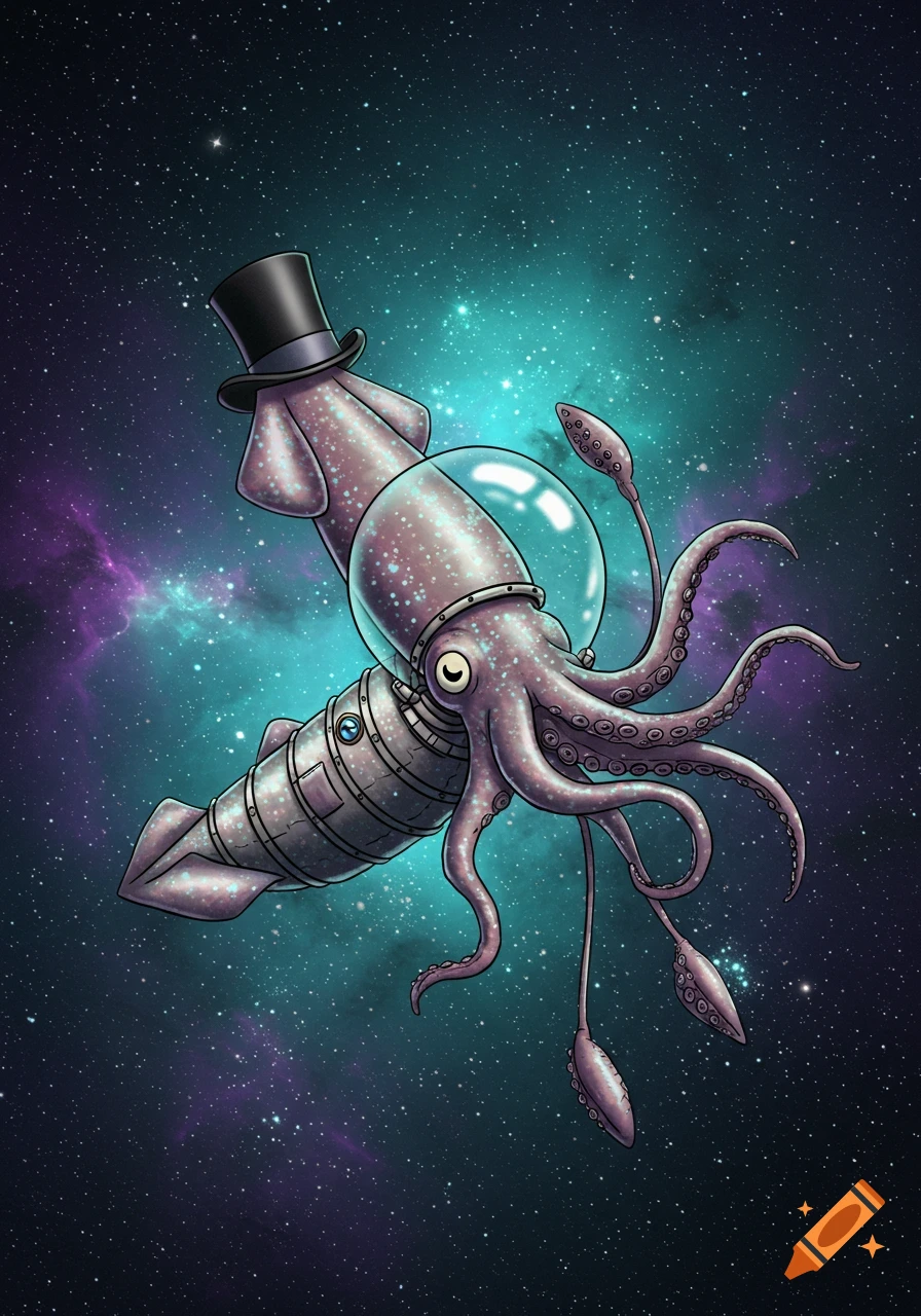 A stylized purple squid wearing a black top hat and a silver spacesuit with a clear helmet floats in a vibrant teal and purple galaxy filled with stars.