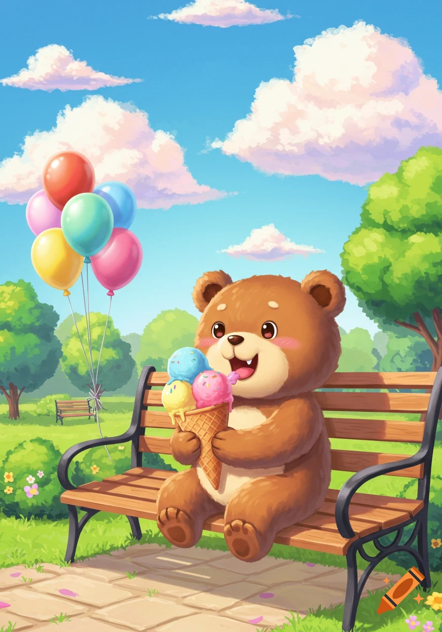 A cute brown cartoon bear sits on a park bench, happily eating a colorful ice cream cone, with balloons floating beside it.