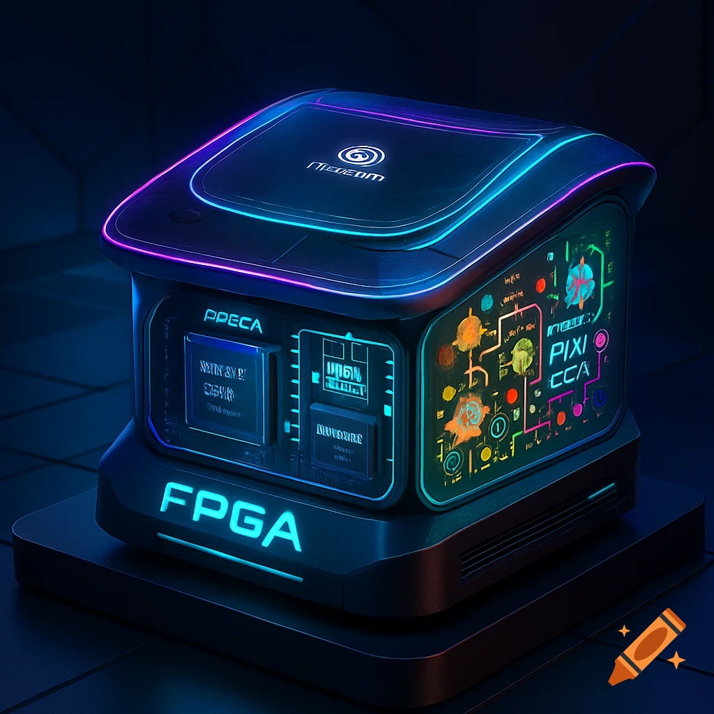 A glowing futuristic electronic device or console with neon blue and purple lights, displaying intricate circuitry and text on its screens, with "FPGA" prominently featured at the bottom.