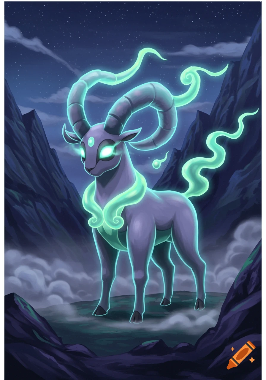 A mystical purple goat-like creature with glowing green features stands in a dark, misty mountain landscape.