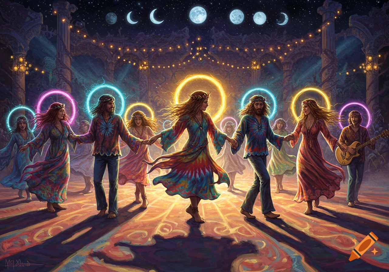 Vibrant, long-haired people in hippie clothes dancing under a starry night sky with moon phases and neon rings, in a psychedelic fantasy art style.