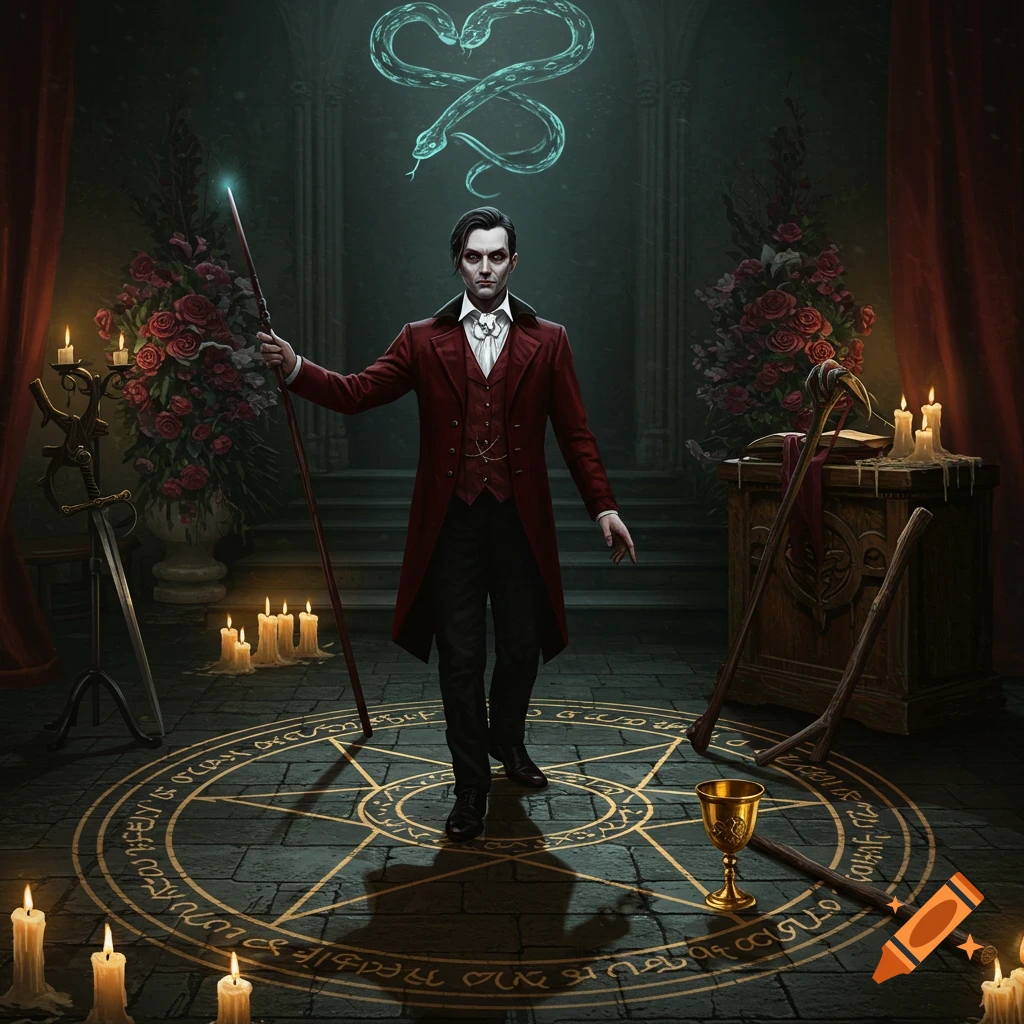 A gothic man in a red jacket stands on a glowing pentagram, holding a magic wand and pointing. A glowing snake forms an infinity symbol above. Candles, a sword, and flowers adorn the shadowy, ritualistic scene.