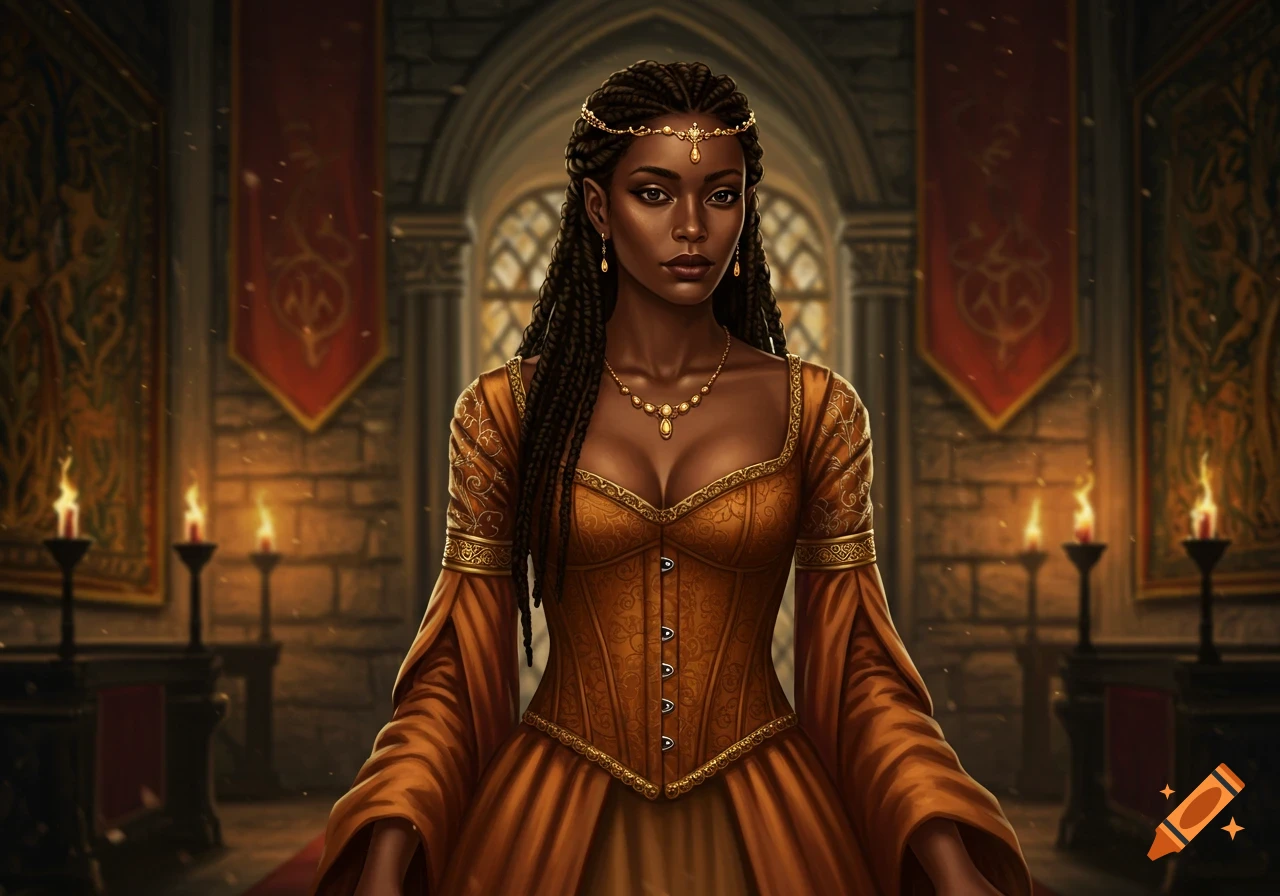 A dark-skinned royal woman with braided hair wears an amber medieval corset and gown in a castle hall.