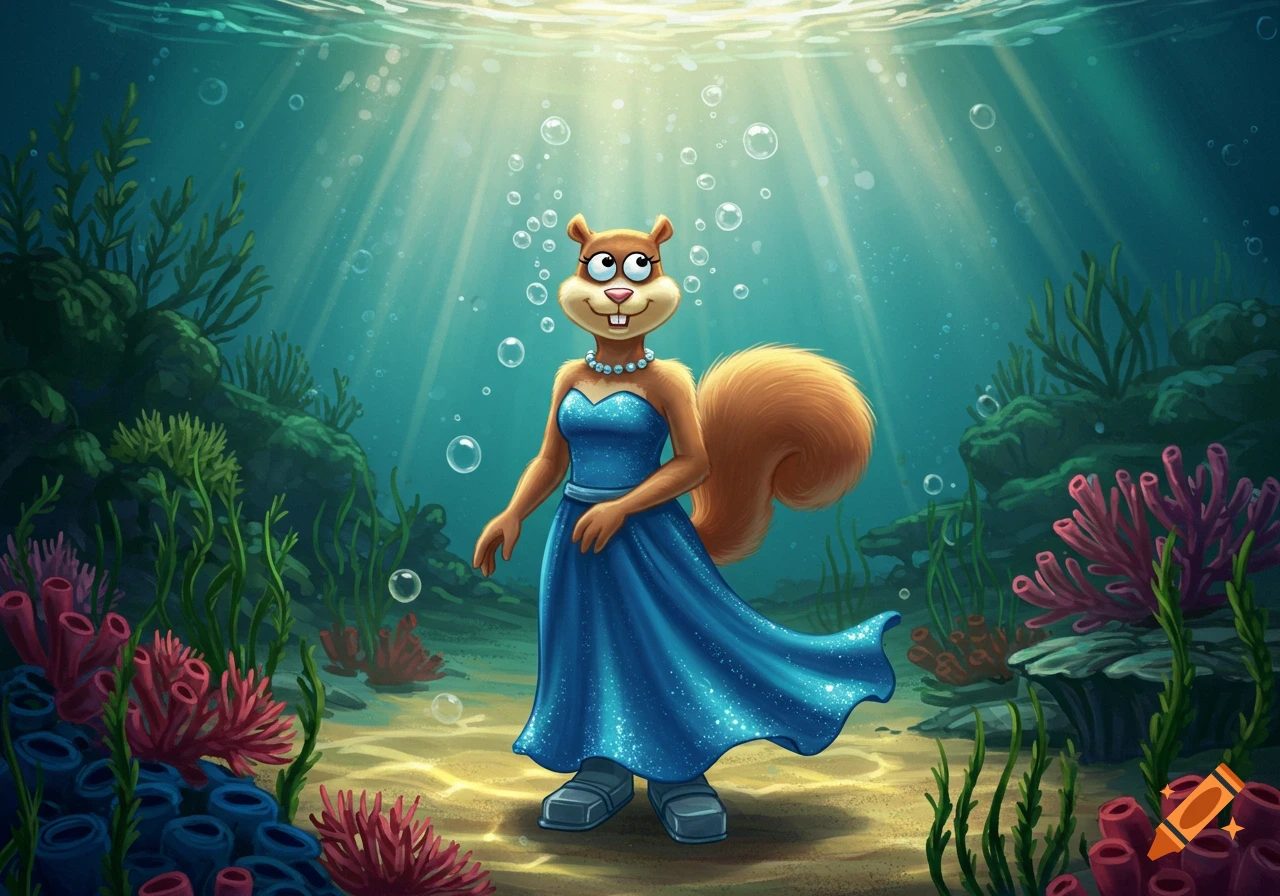 Sandy Cheeks from Spongebob Squarepants in an elegant blue dress and pearl necklace, standing underwater among coral and sunlight.