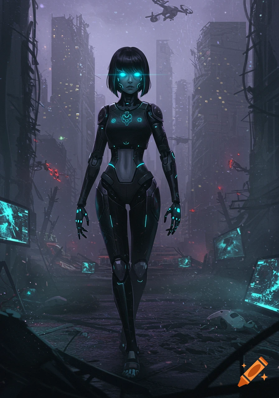 A female-presenting robot with glowing blue eyes and suit stands in a dark, ruined cyberpunk city with drones and screens.
