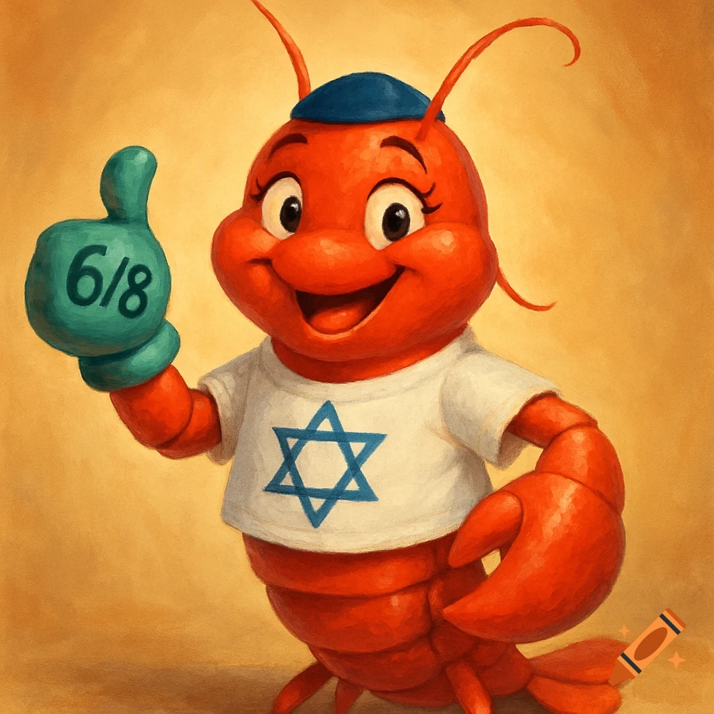 A happy, red cartoon lobster wears a blue kippah and a white shirt with a Star of David, giving a thumbs up with a green glove that says 6/8. Illustration.