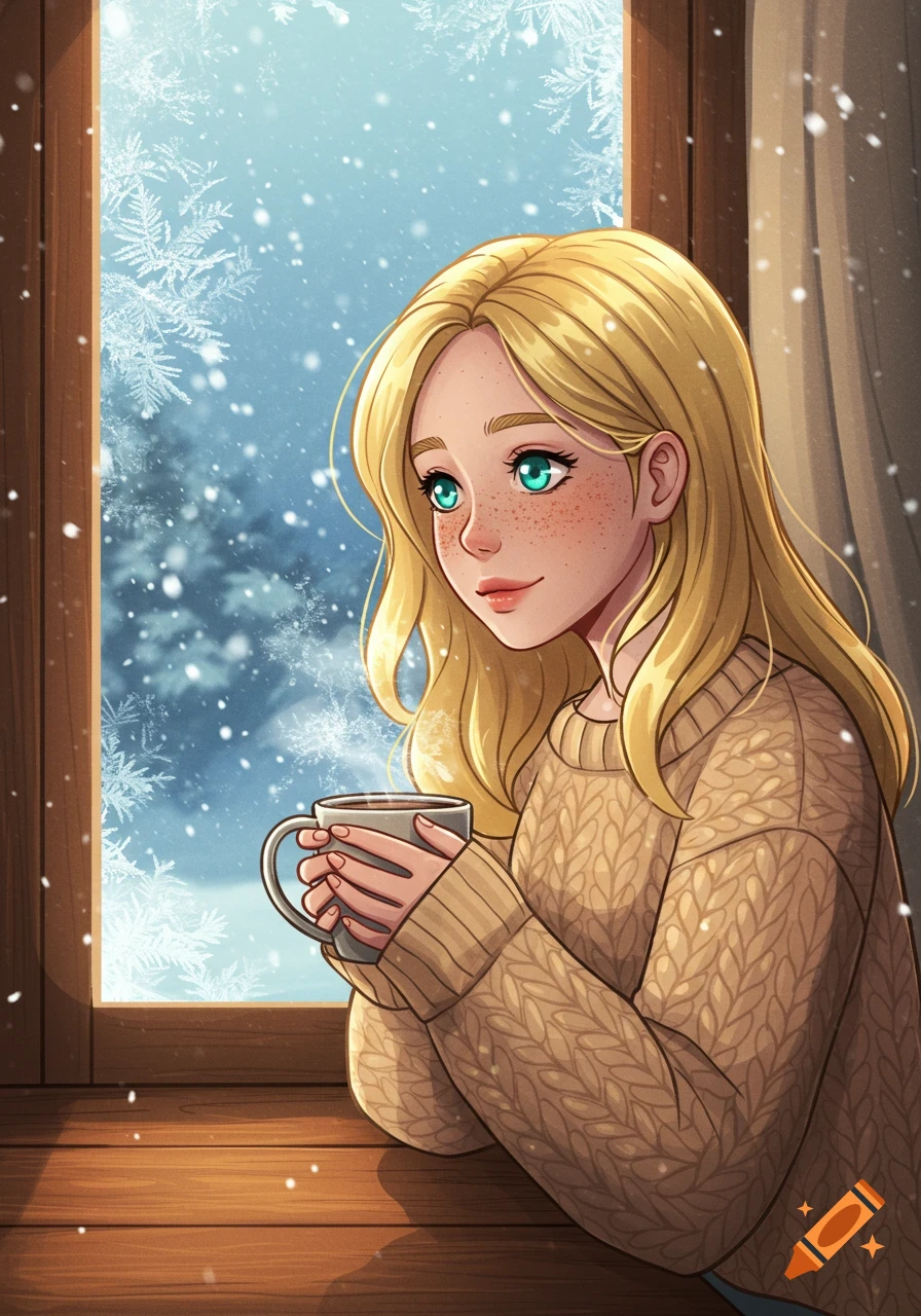 Anime woman with blonde hair, freckles, and aqua eyes holding a mug, looking out a window at falling snow.