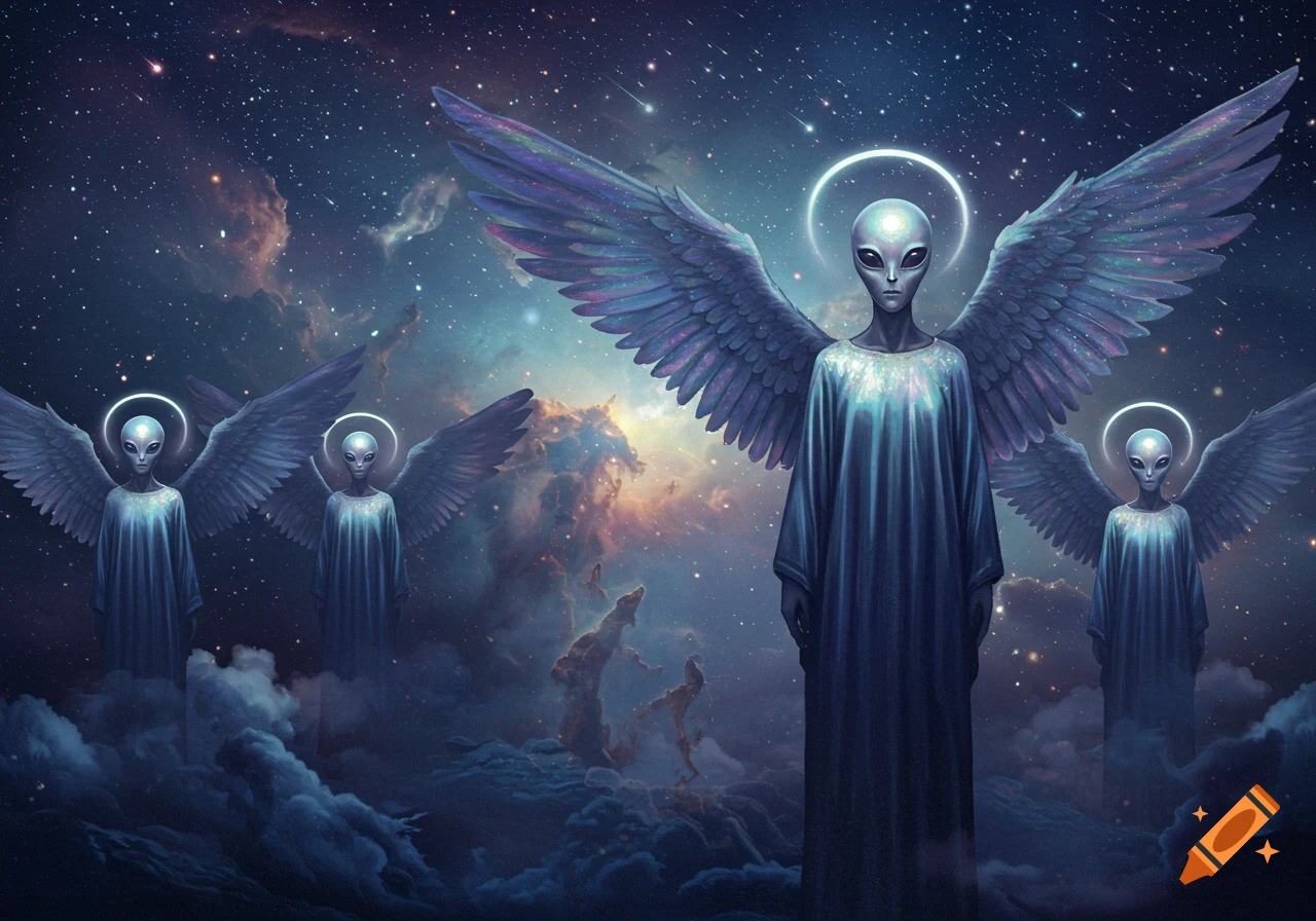 Four winged, grey-skinned aliens with halos in glowing robes stand in a cosmic nebula filled with stars.