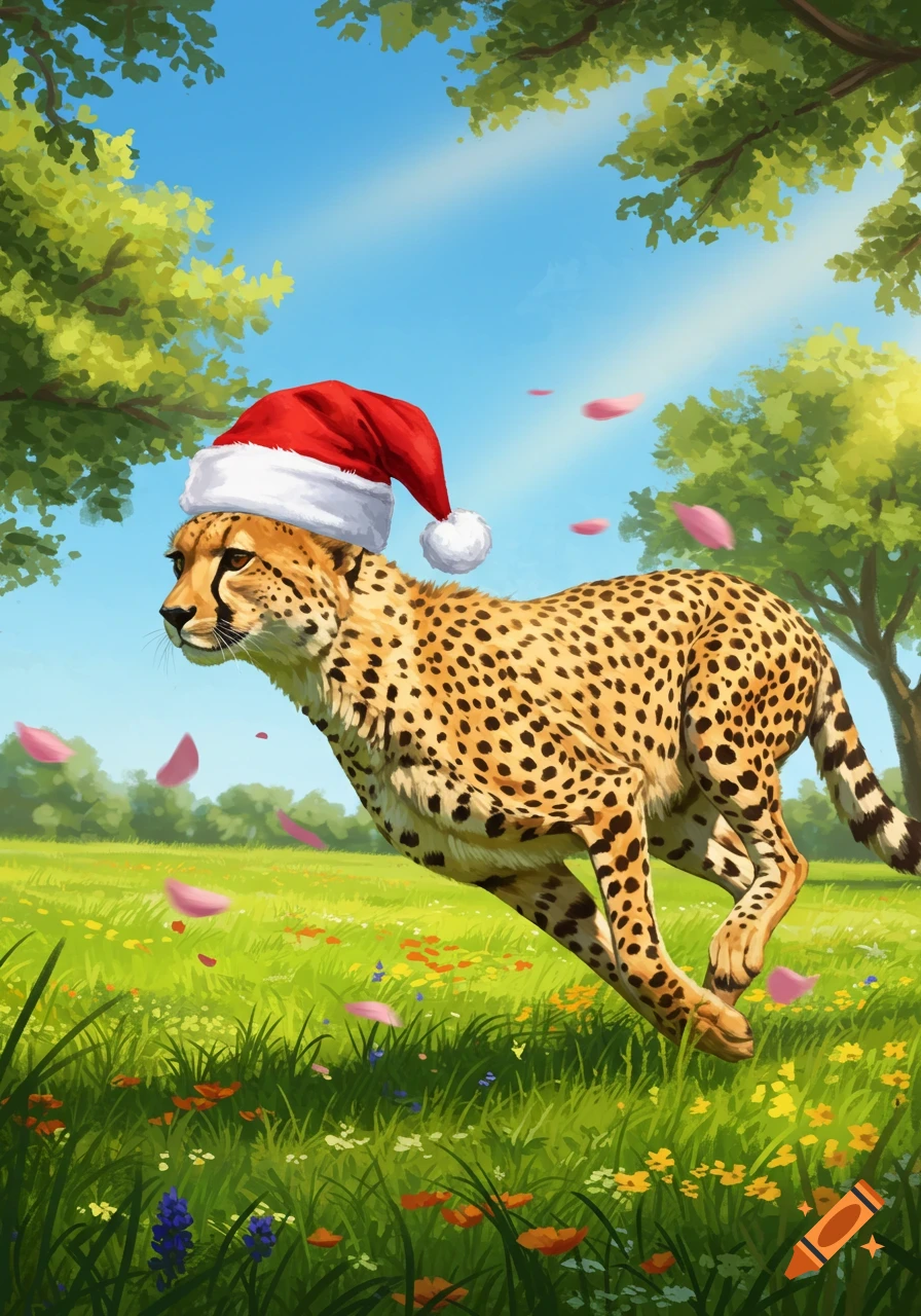 A cheetah in a Santa hat runs through a vibrant green field with colorful flowers under a blue sky, pink petals falling. Digital illustration.
