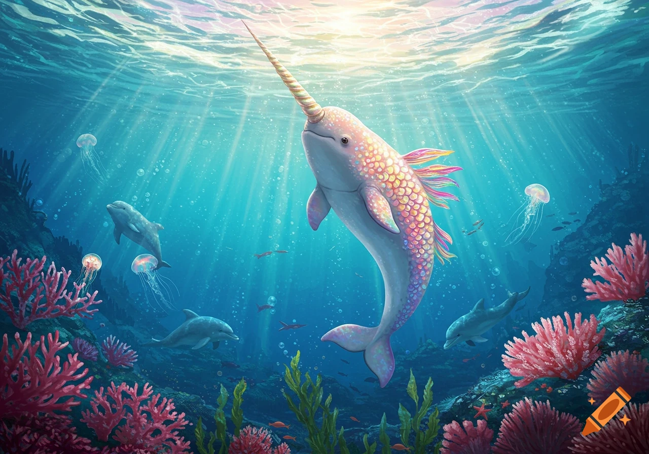 A vibrant rainbow-scaled narwhal swims upwards in a clear blue ocean, surrounded by dolphins, jellyfish, and colorful coral reefs.