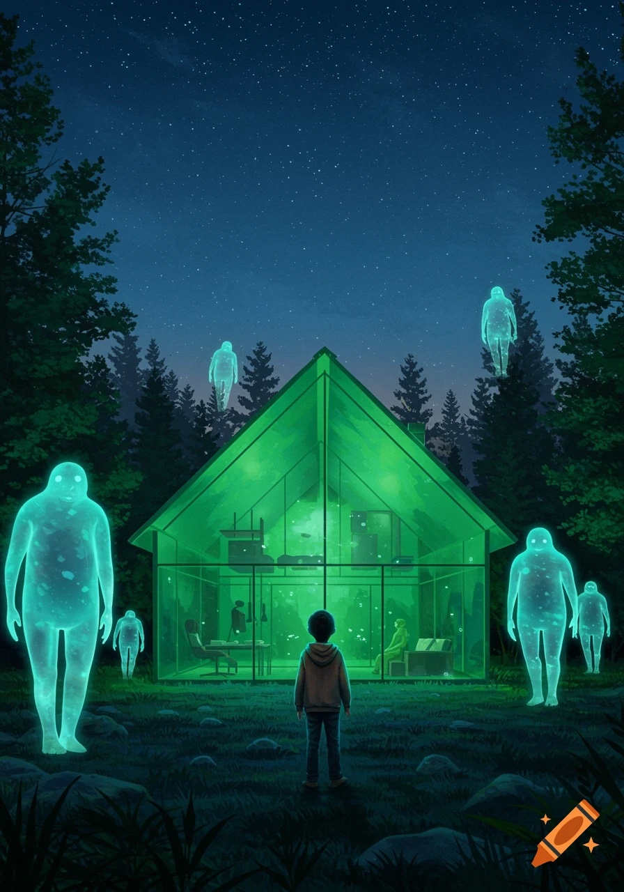 A boy stands before a glowing green glass house, surrounded by ethereal, ghost-like figures in a dark forest at night.