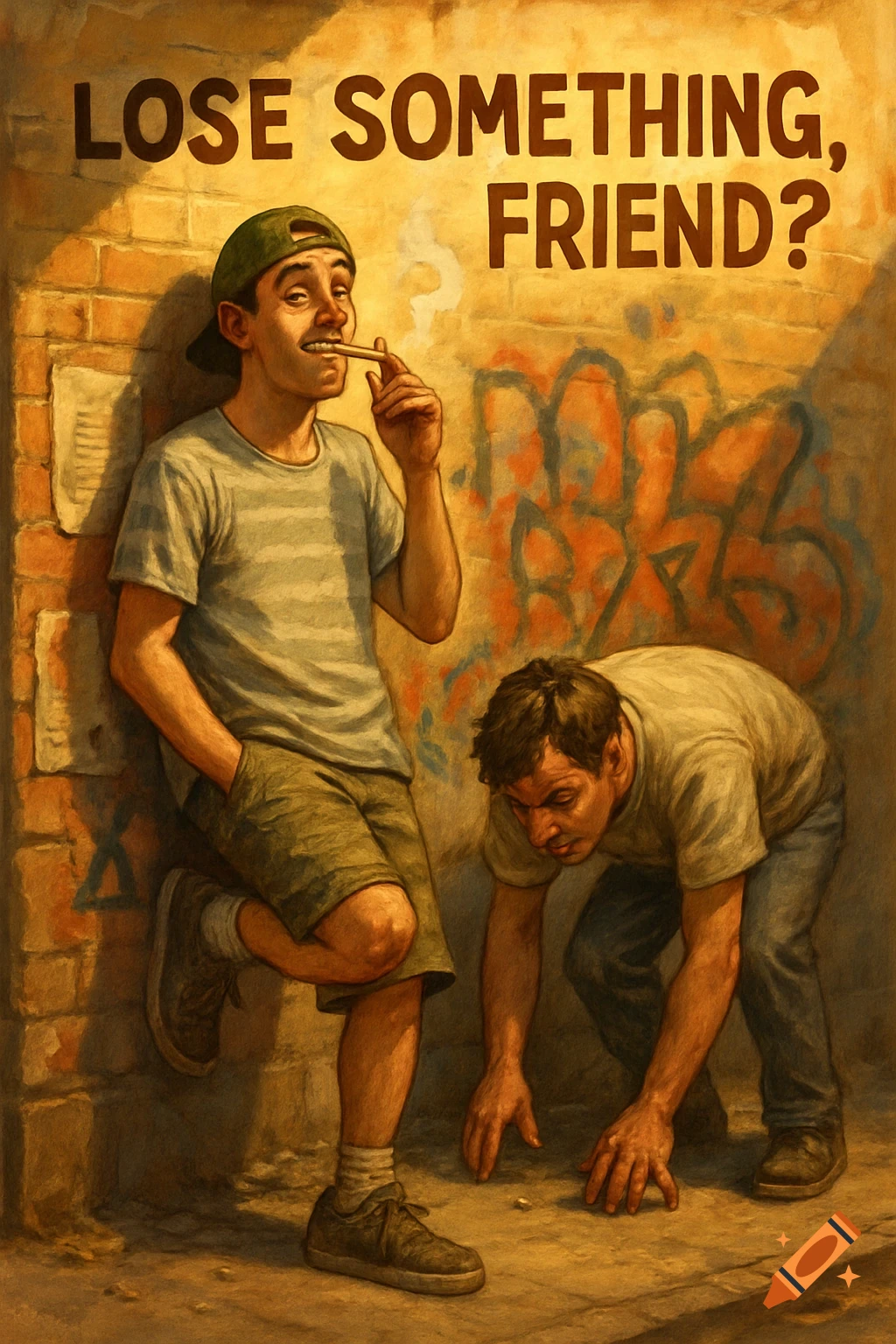 A detailed illustration of a man smoking a joint while leaning on a brick wall, watching another man search the ground. Text reads 'LOSE SOMETHING, FRIEND?'.