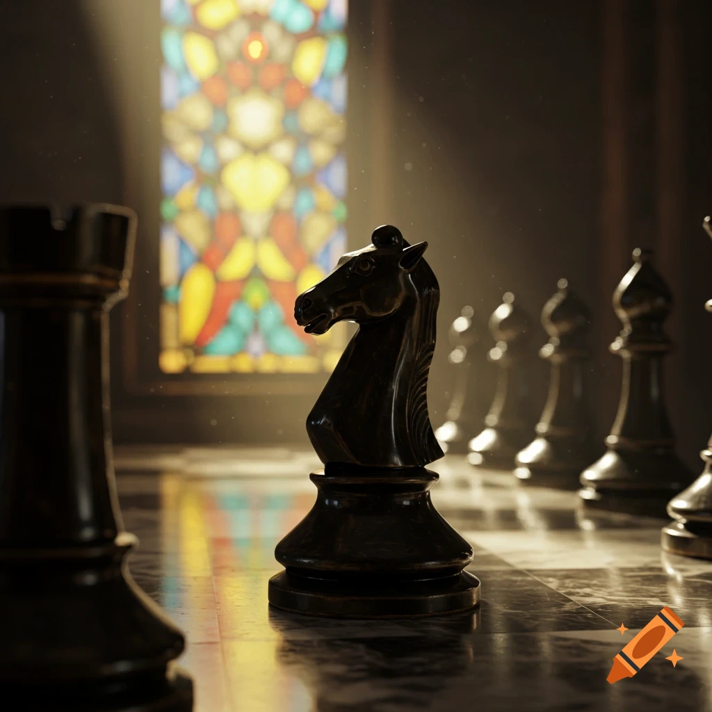 A dark chess knight on a marble board, with other pieces blurred in the background, lit by a vibrant stained-glass window.
