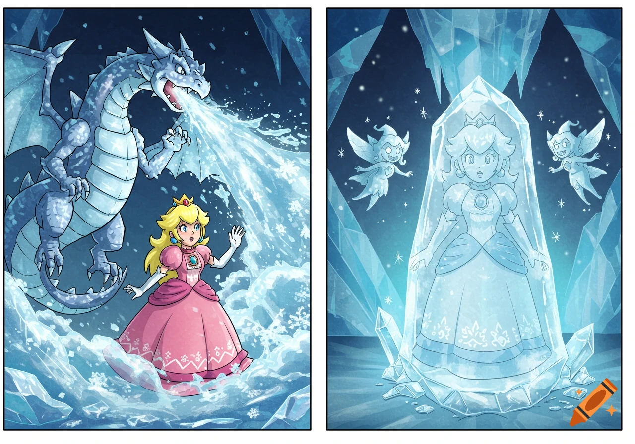 Two comic panels show a blue ice dragon breathing ice on Princess Peach, followed by Princess Peach frozen in a large ice crystal with two small ice fairies flying around her.