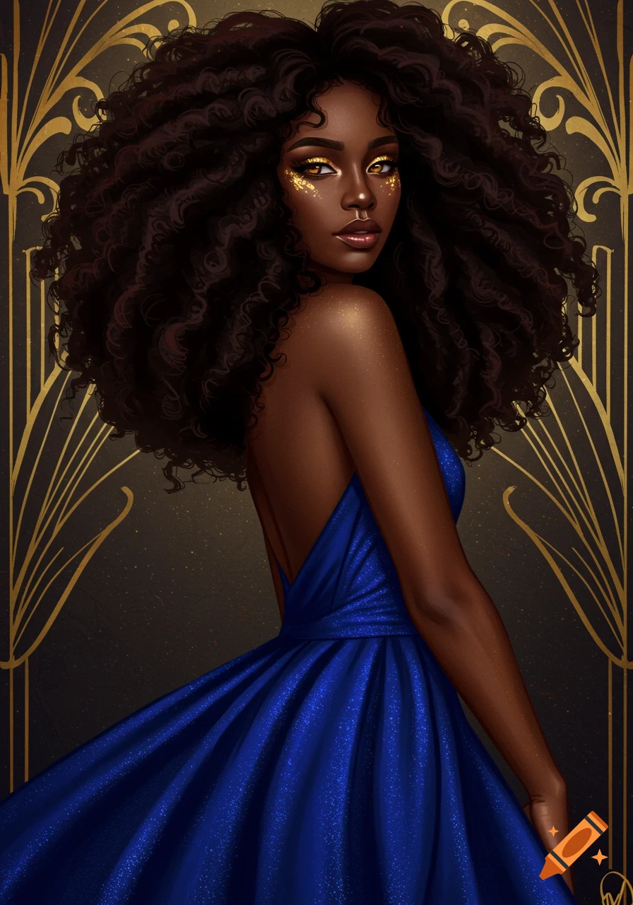 An elegant Black woman with voluminous curly hair and golden eyeshadow in a glittering blue gown, against a gold art deco background.