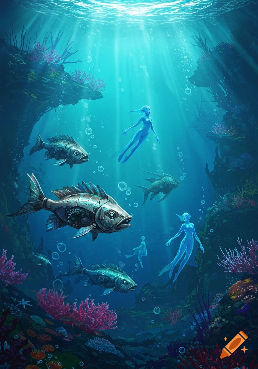 An ethereal underwater scene with glowing blue humanoids swimming among intricately designed mechanical fish and vibrant coral.