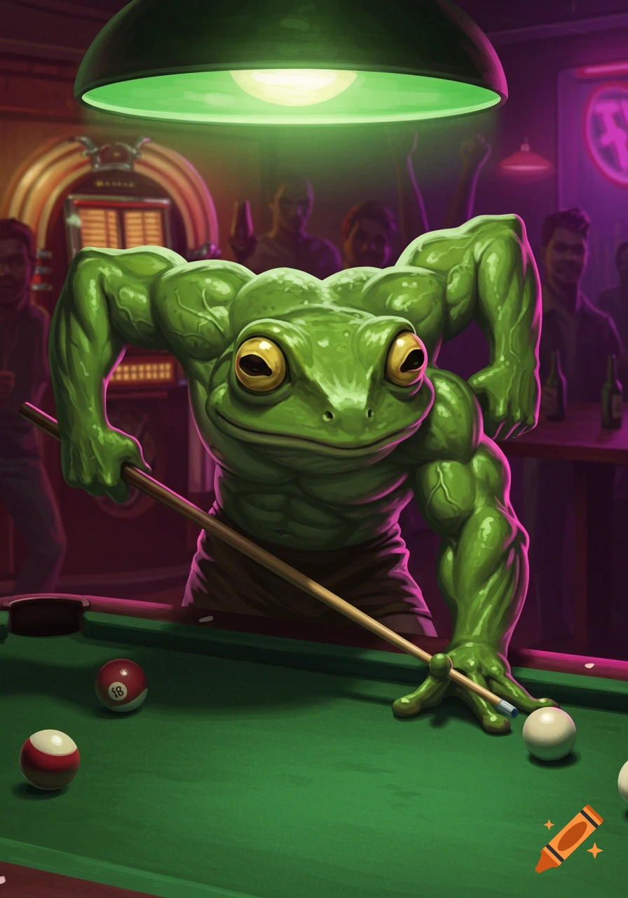 A muscular, green frog, resembling the Hulk, playing pool in a dimly lit bar under a green lamp. People are in the background.