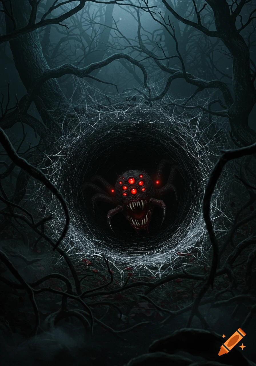 A terrifying, multi-eyed spider with sharp teeth glows red from a web-lined hole in a dark, gnarled forest.