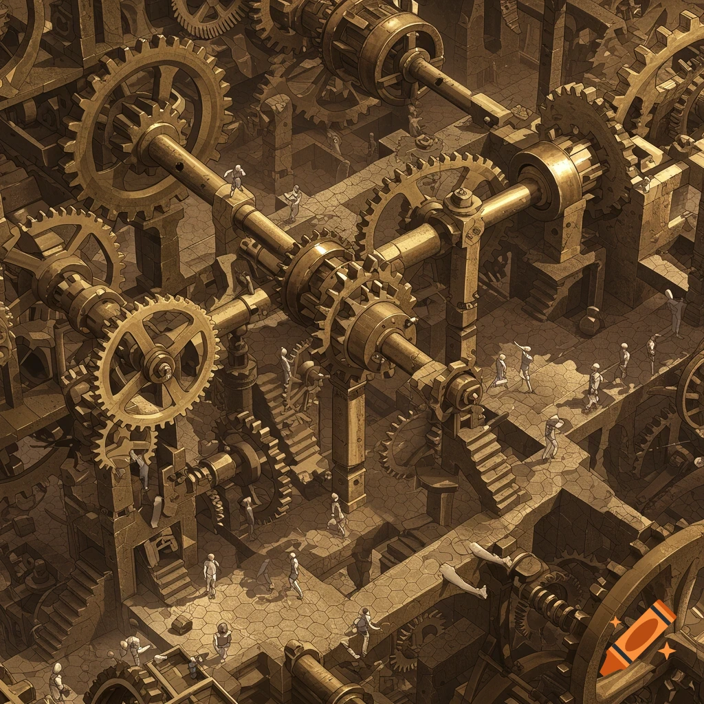 A complex, Escher-inspired isometric view of a vast bronze clockwork system with numerous gears, shafts, and tiny human figures moving within the mechanical labyrinth.