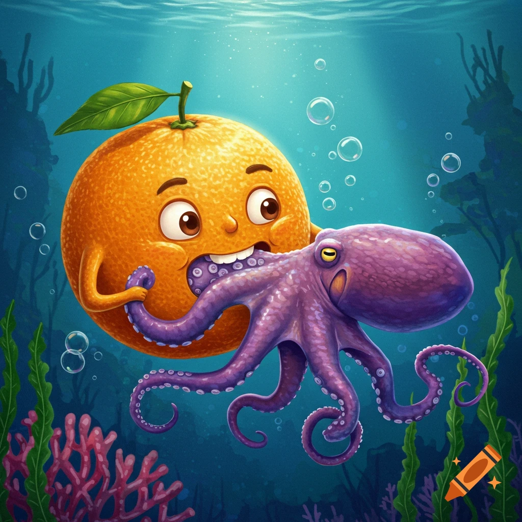 A smiling, anthropomorphic orange with big eyes bites into a purple octopus underwater, surrounded by seaweed and coral.