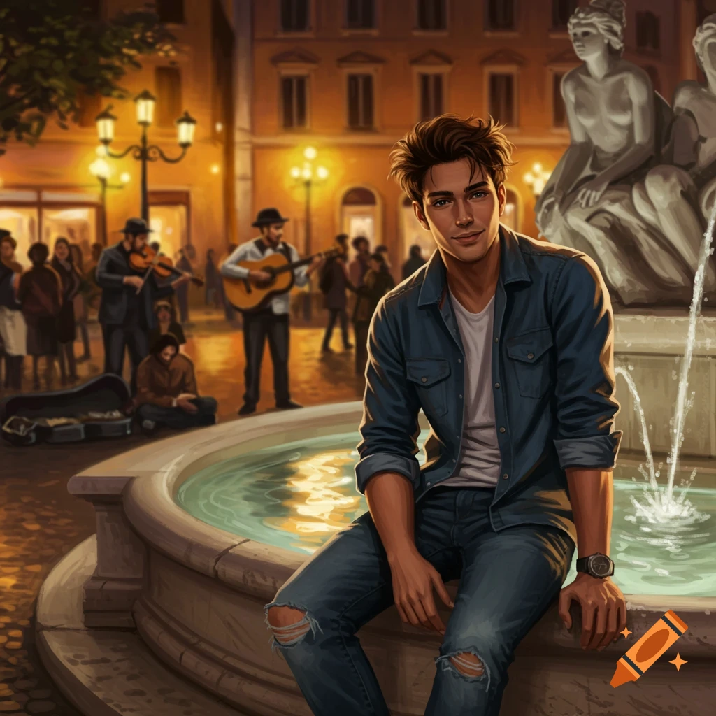 Illustrated young man with messy hair sitting on a lit fountain in a bustling city square at night, with musicians in the background.