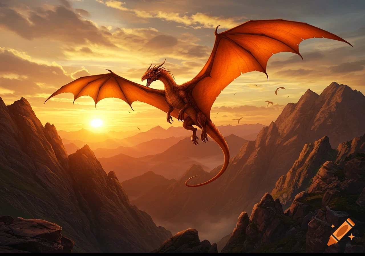 An orange dragon with large wings soars over a majestic mountain range during a vibrant sunset.
