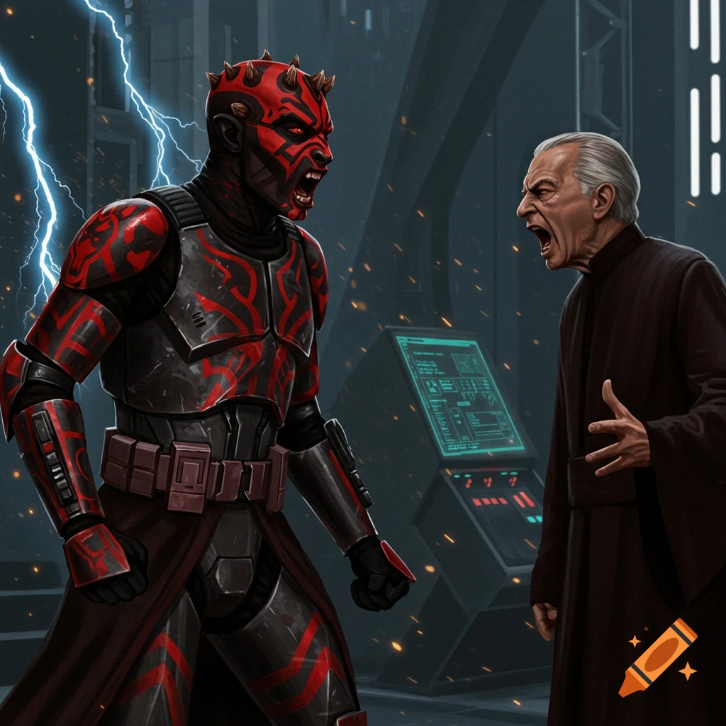 A digital art illustration of a Darth Maul-like character and Palpatine yelling at each other in a sci-fi room with lightning.
