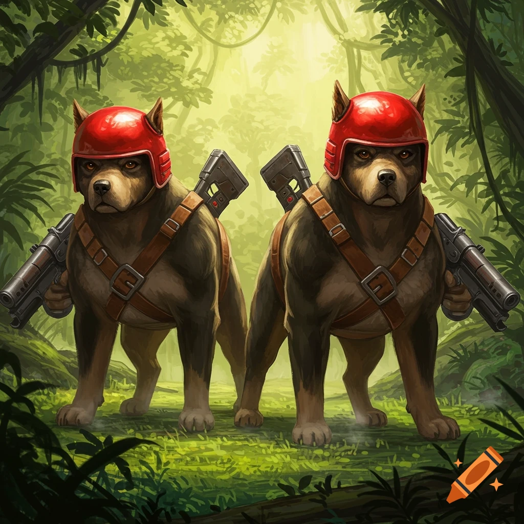 Two dogs wearing red helmets and holding pistols stand in a vibrant green jungle, with rifles strapped to their backs. Illustration style.
