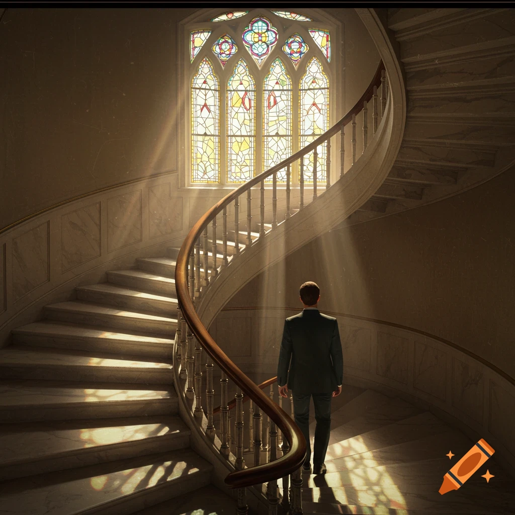 A photorealistic image of a man in a suit walking down a sunlit spiral staircase next to a stained-glass window.