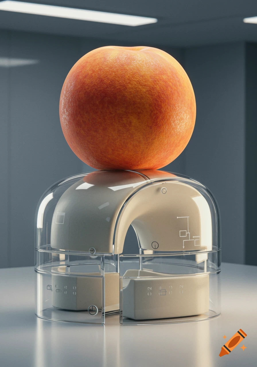 A photorealistic image of a vibrant orange peach resting on a clear plastic and beige cylindrical scientific apparatus.