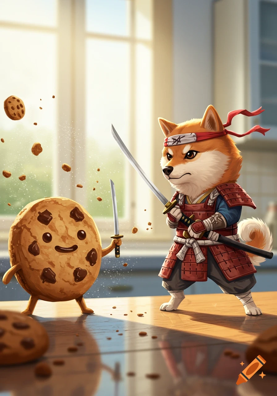 A cute cartoon Shiba Inu in samurai armor wields a katana against a smiling cookie with a small sword, amidst crumbs in a sunlit kitchen.