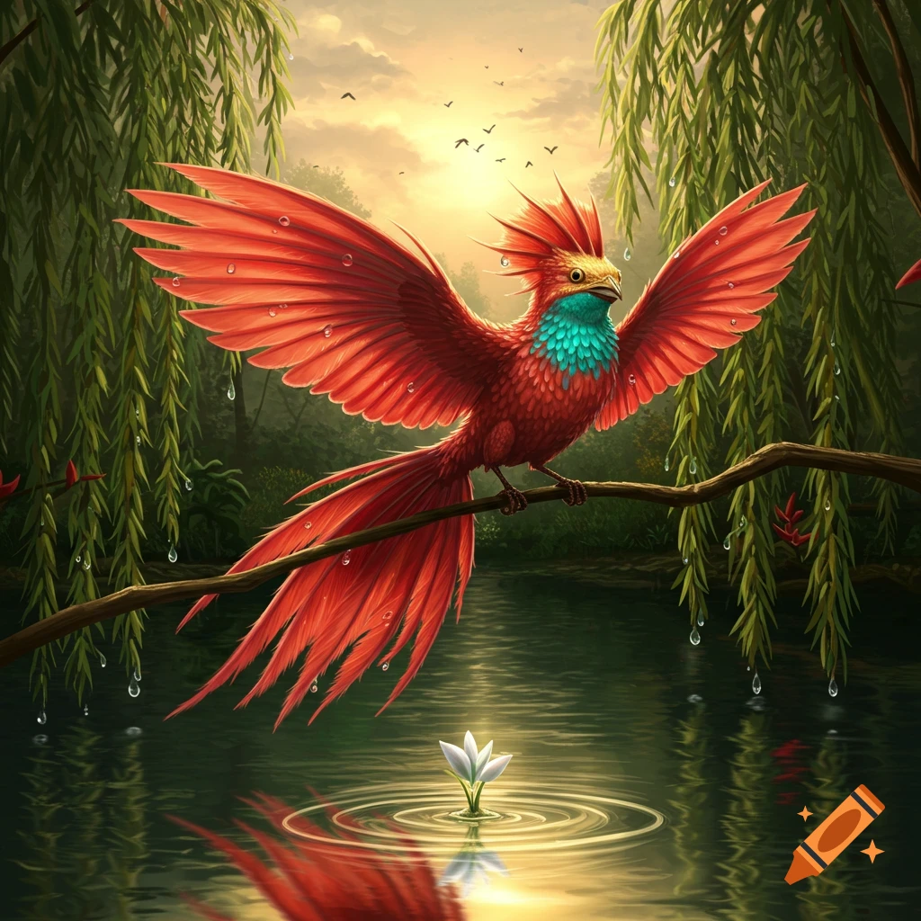 A vibrant red and blue fantastical bird with spread wings perches on a branch over water with a white flower, under a sunset sky.
