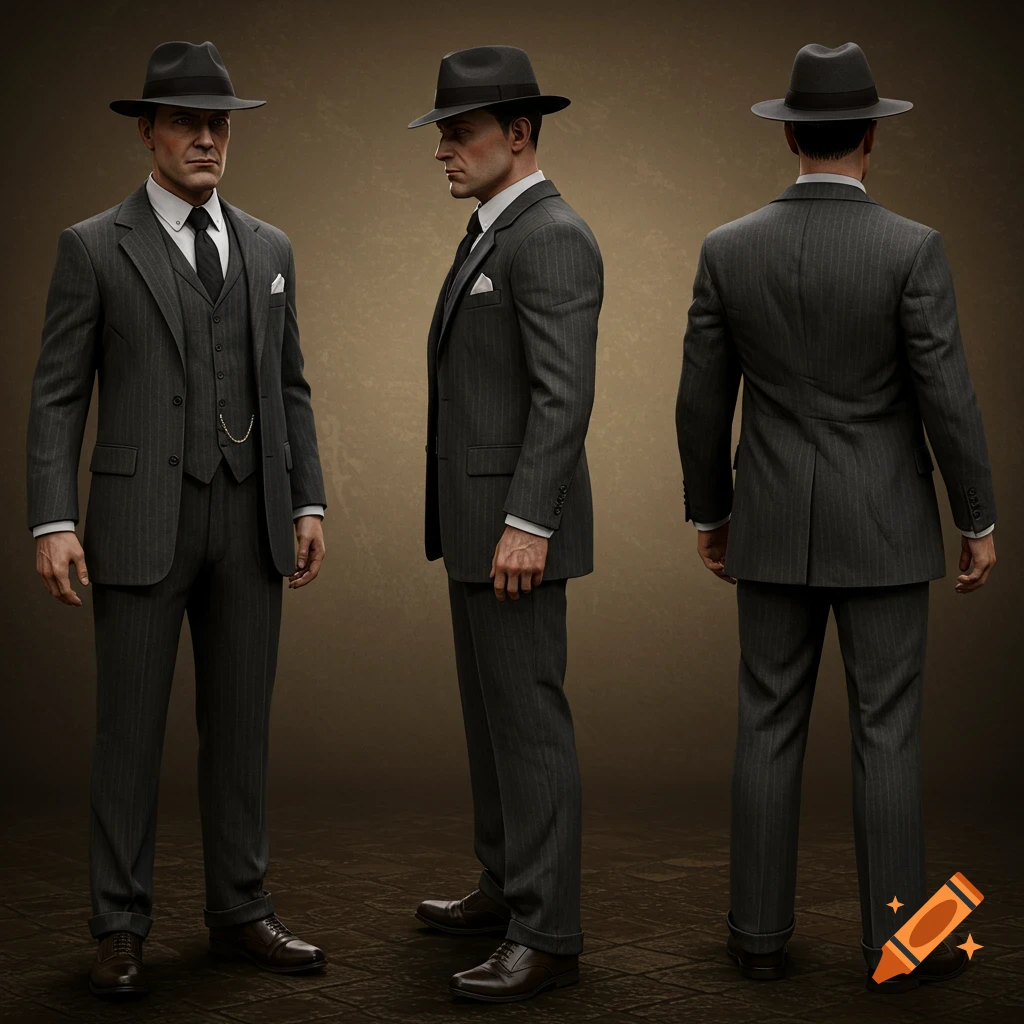 Photorealistic man in a dark pinstriped suit, vest, and fedora shown from front, side, and back profiles against a brown background.