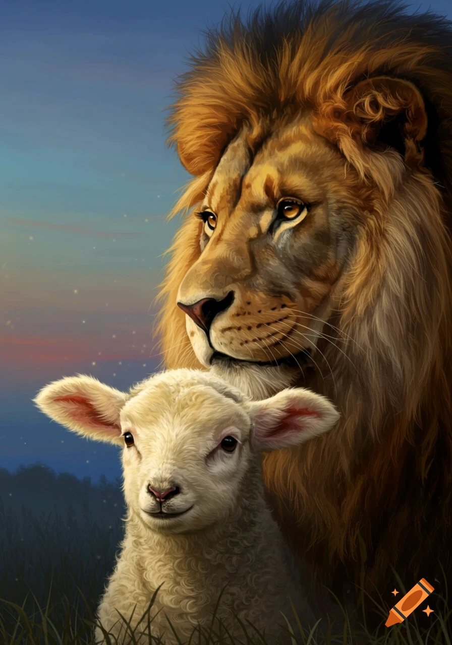 A majestic lion with a golden mane looks over a small, white lamb in a grassy field under a soft twilight sky, digital art.