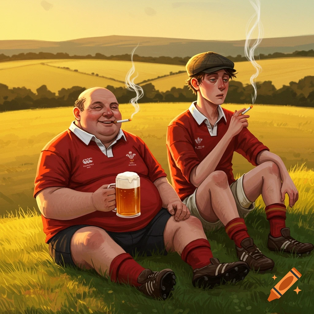 Two men in red Welsh rugby shirts, one overweight and balding with a beer, the other slim with a flat cap, sit on a grassy hill, both smoking in a stylized illustration.