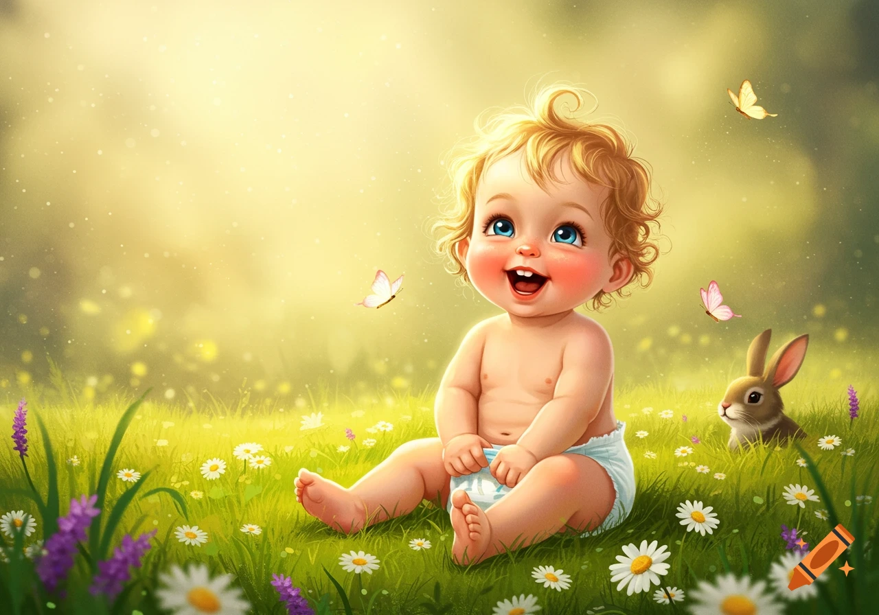 A cheerful baby with curly blonde hair and blue eyes sits smiling in a sunny green field filled with daisies and lavender, with butterflies and a bunny nearby.