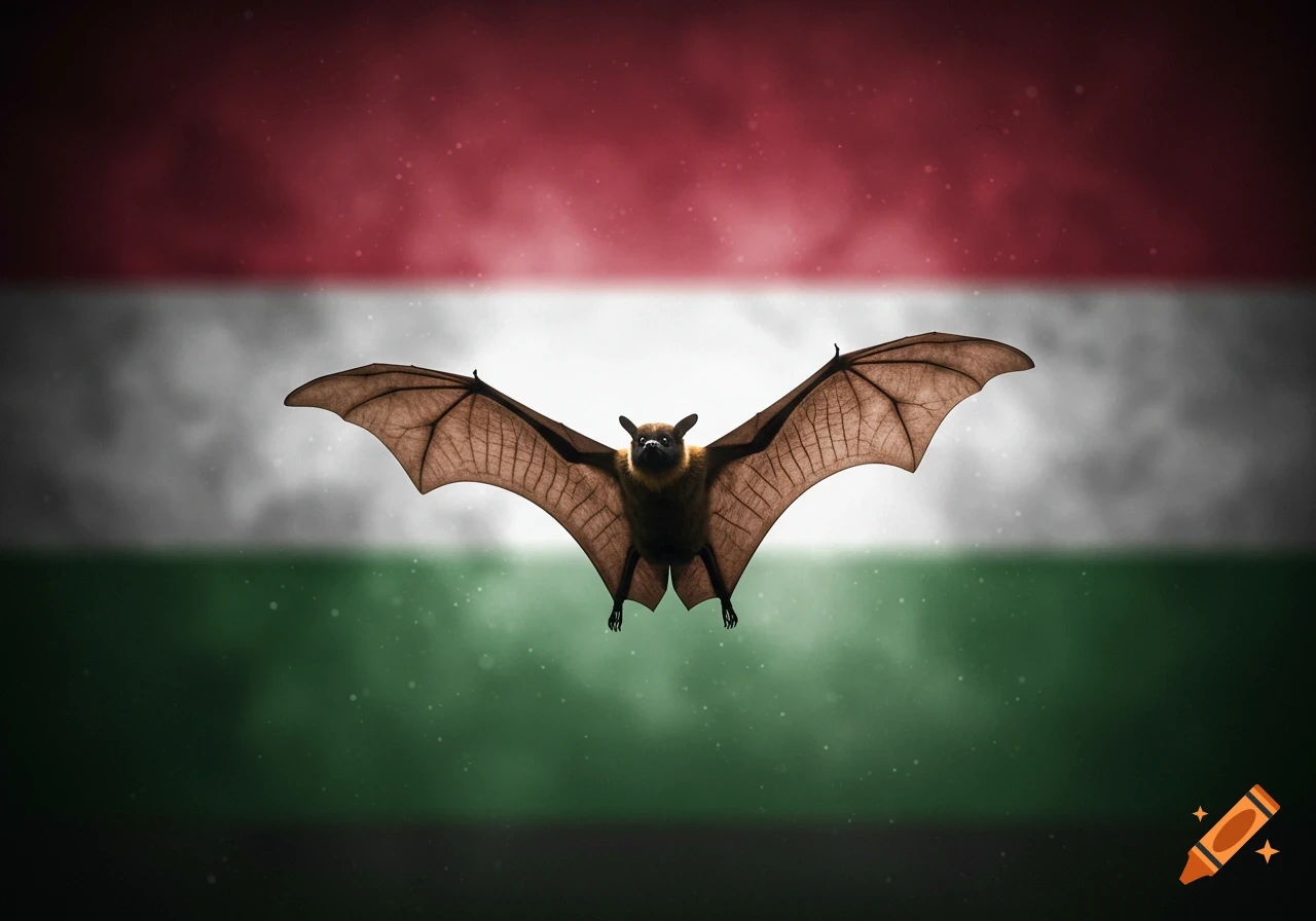 A realistic bat with outstretched wings flies in front of a blurred Hungarian flag background.