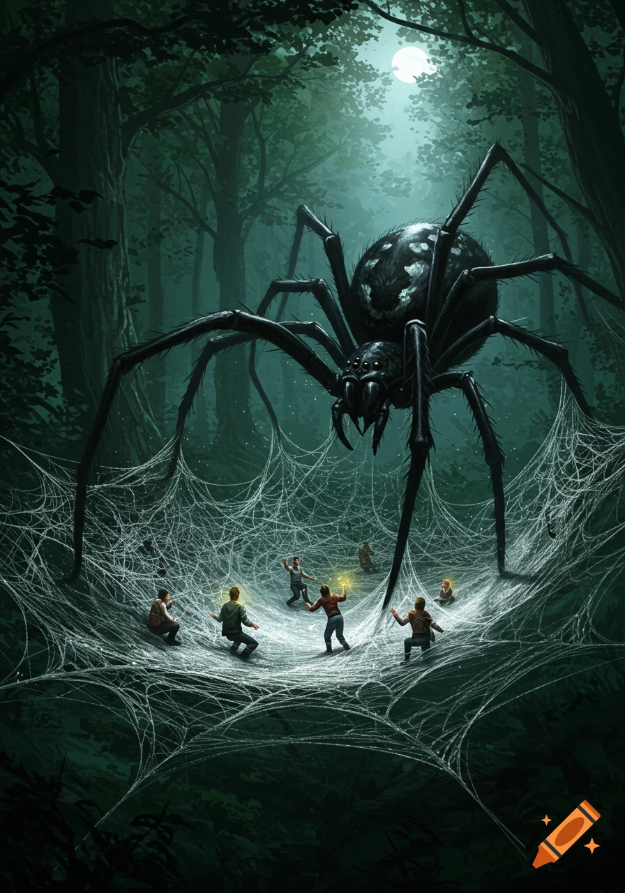 A massive black spider looms over several people trapped in its huge, luminous web in a dark, moonlit fantasy forest.